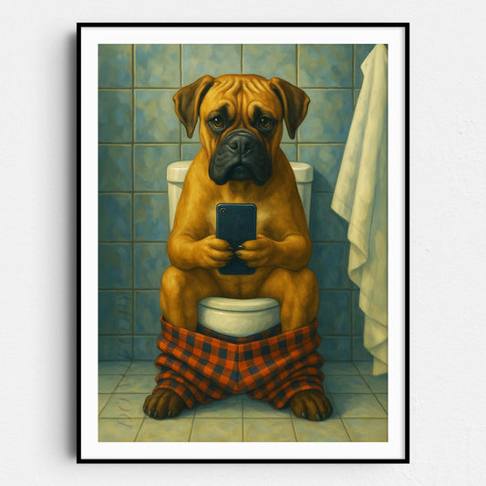 Boxer Dog On The Toilet On The Phone