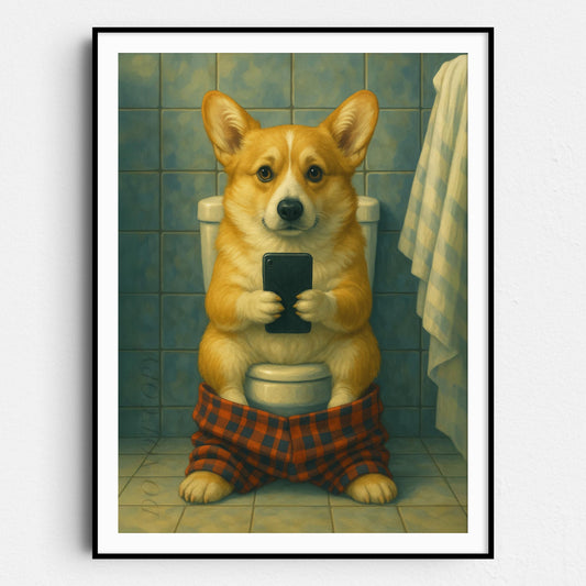 Corgi Dog On The Phone On The Toilet