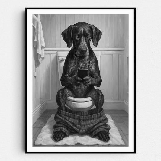 German Shorthaired Pointer Dog On The Phone On The Toilet