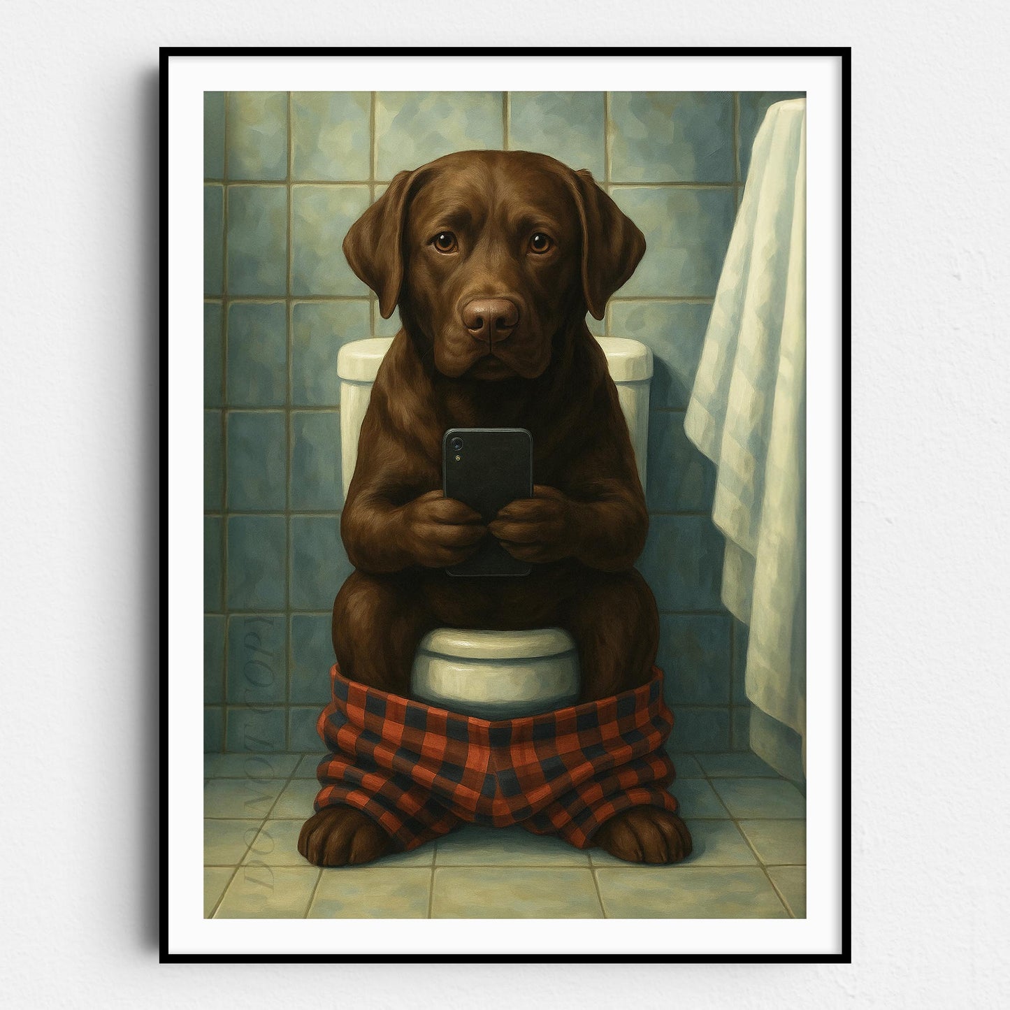 Chocolate Labrador Retriever Dog On The Phone On The Toilet