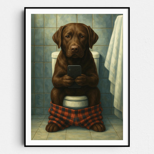 Chocolate Labrador Retriever Dog On The Phone On The Toilet