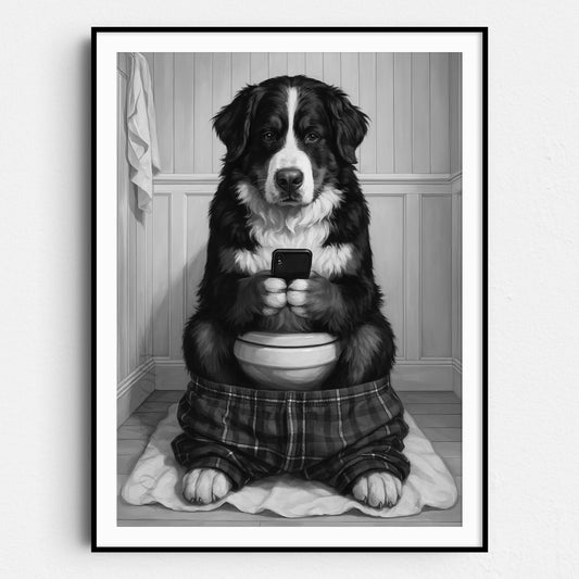 Bernese Mountain Dog On The Phone On The Toilet