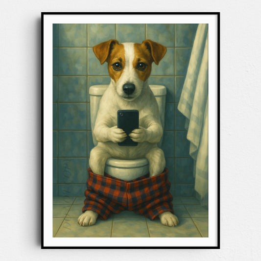 Jack Russell Terrier On The Phone On The Toilet