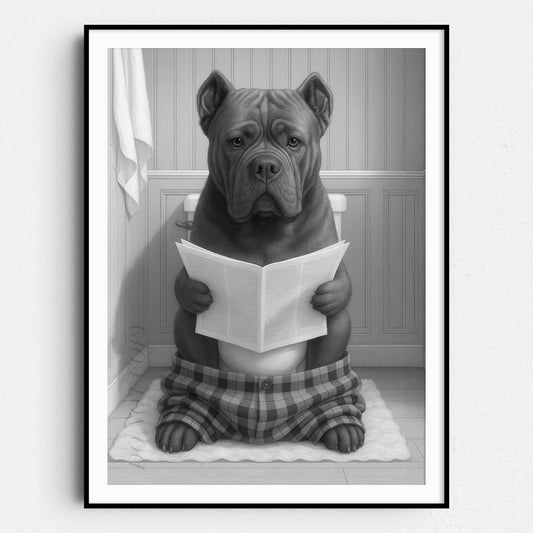 Cane Corso Dog Reading The Newspaper On The Toilet