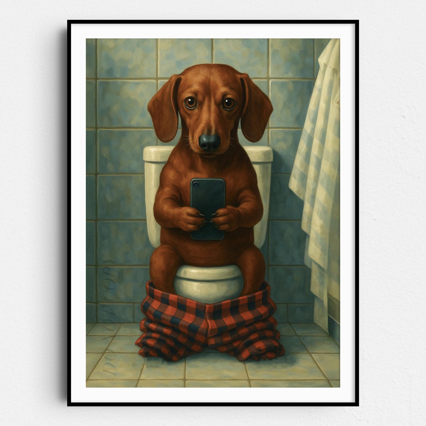 Dachshund Dog On The Phone On The Toilet