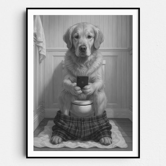 Golden Retriever Dog On The Phone On The Toilet