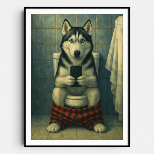Husky Dog On The Phone On The Toilet