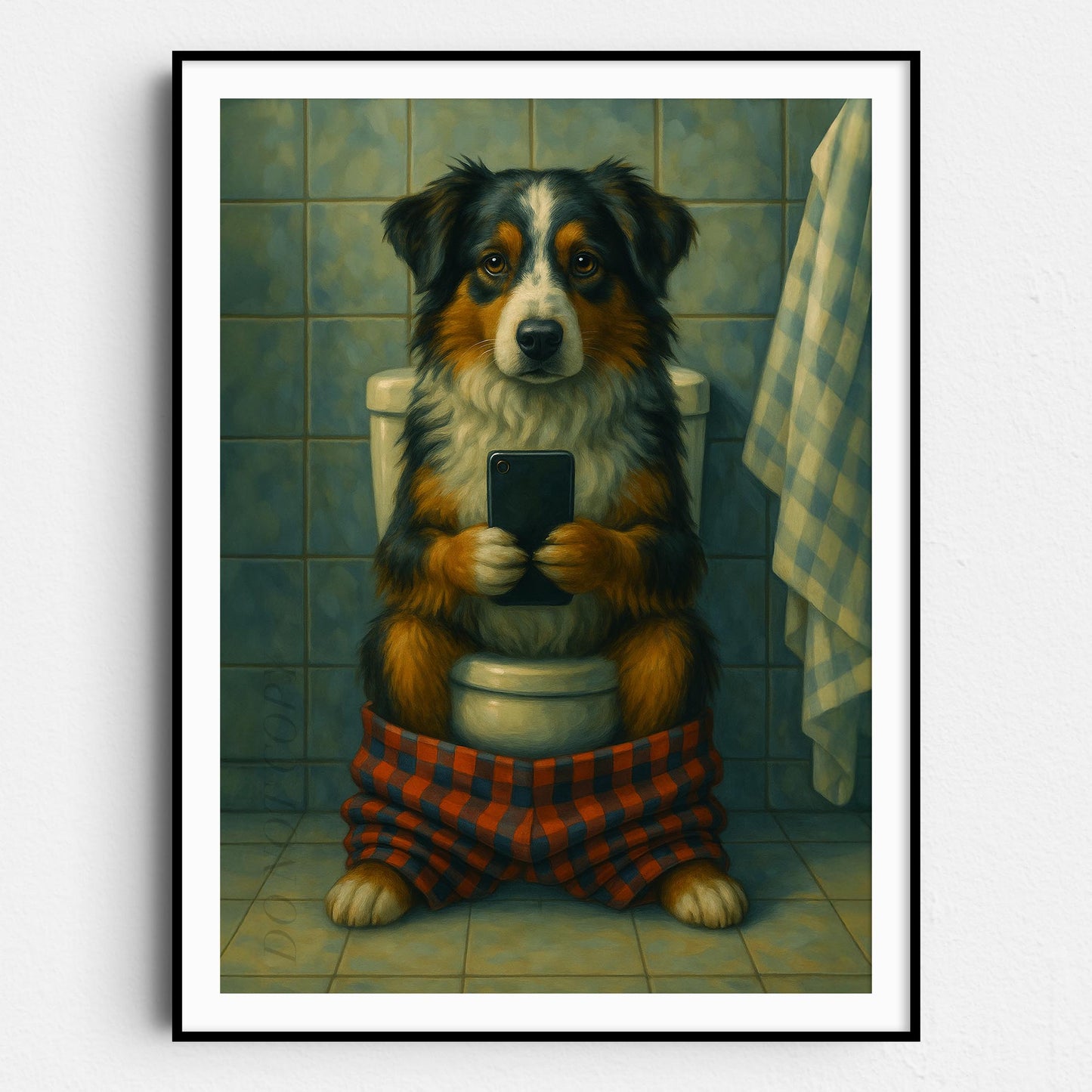 Australian Shepherd Dog On The Phone On The Toilet