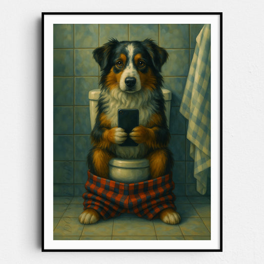 Australian Shepherd Dog On The Phone On The Toilet