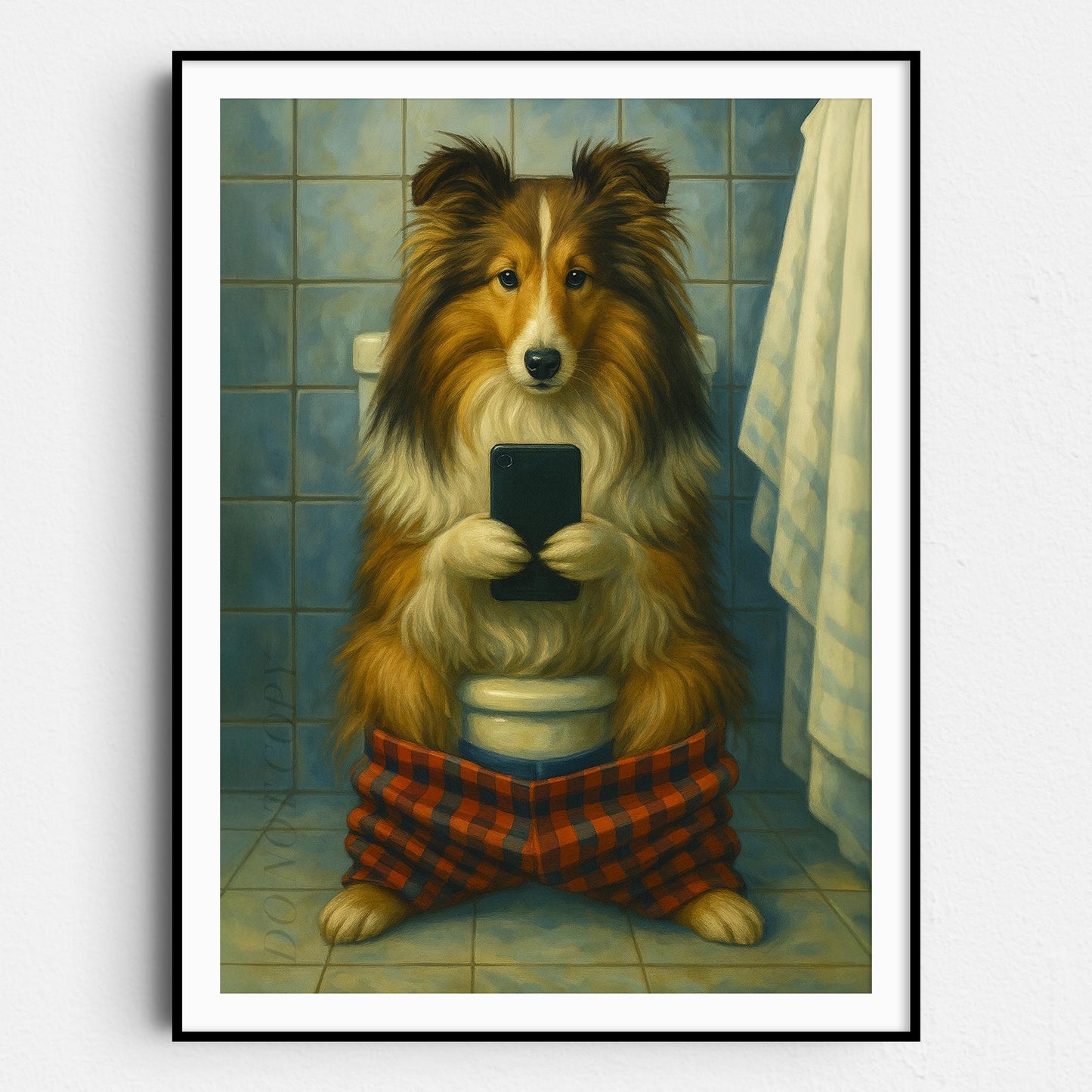 Sheltie Dog On The Phone On The Toilet