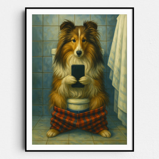 Sheltie Dog On The Phone On The Toilet