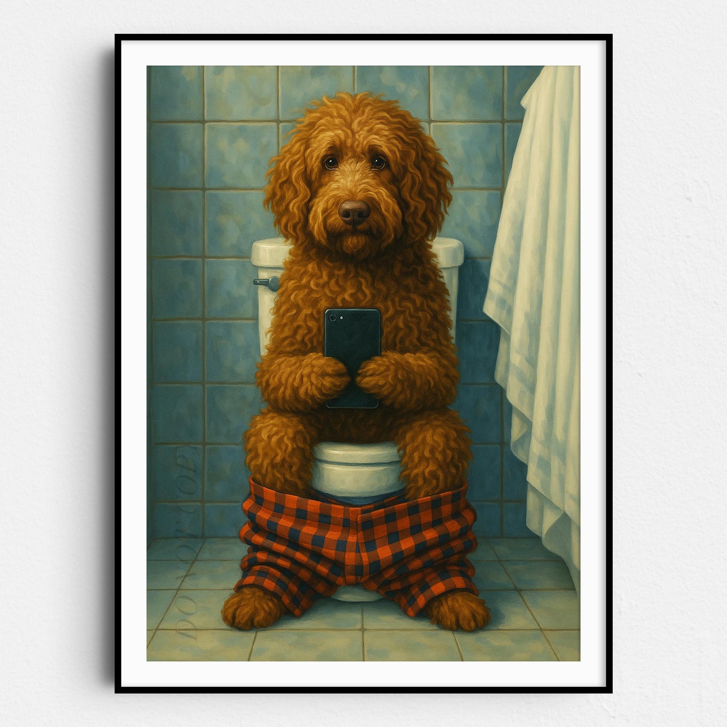 Labradoodle Dog On The Phone On The Toilet