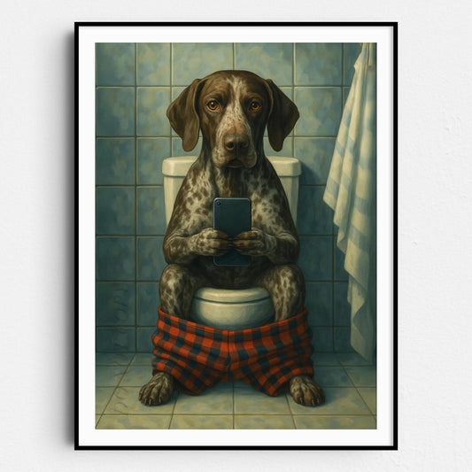 German Shorthaired Pointer Dog On The Phone On The Toilet