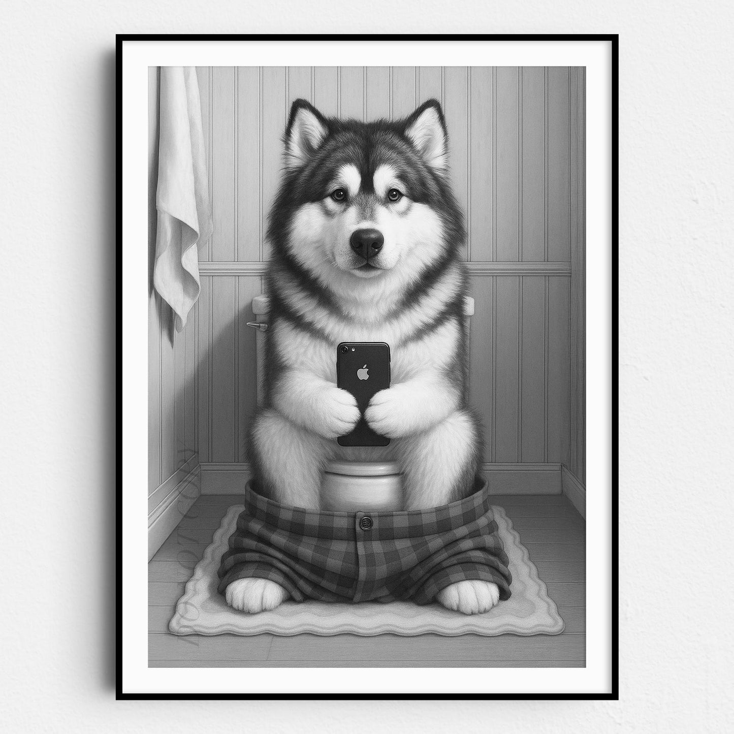 Alaskan Malamute Dog On The Phone On The Toilet