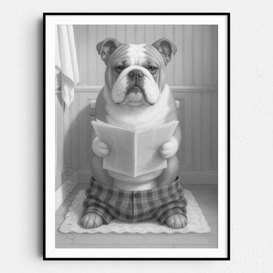 Bulldog Reading The Newspaper On The Toilet