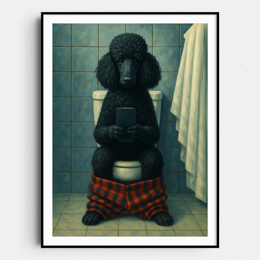Black Poodle Dog On The Phone On The Toilet