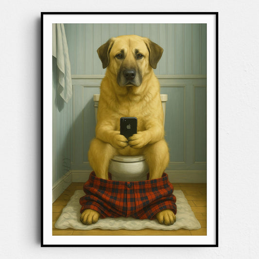 Anatolian Shepherd Dog On The Phone On The Toilet