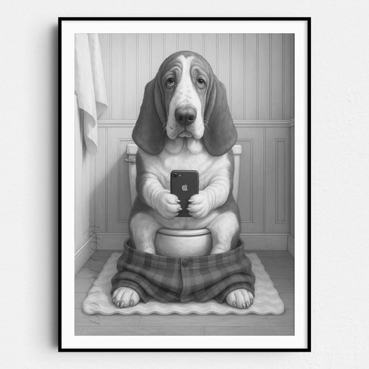 Basset Hound Dog On The Phone On The Toilet