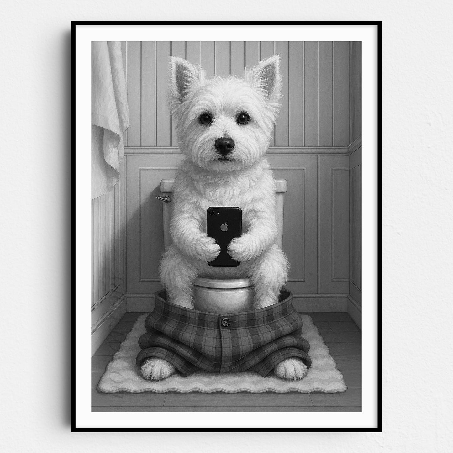 West Highland White Terrier Dog On The Phone On The Toilet