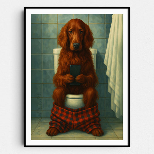 Irish Setter Dog On The Phone On The Toilet