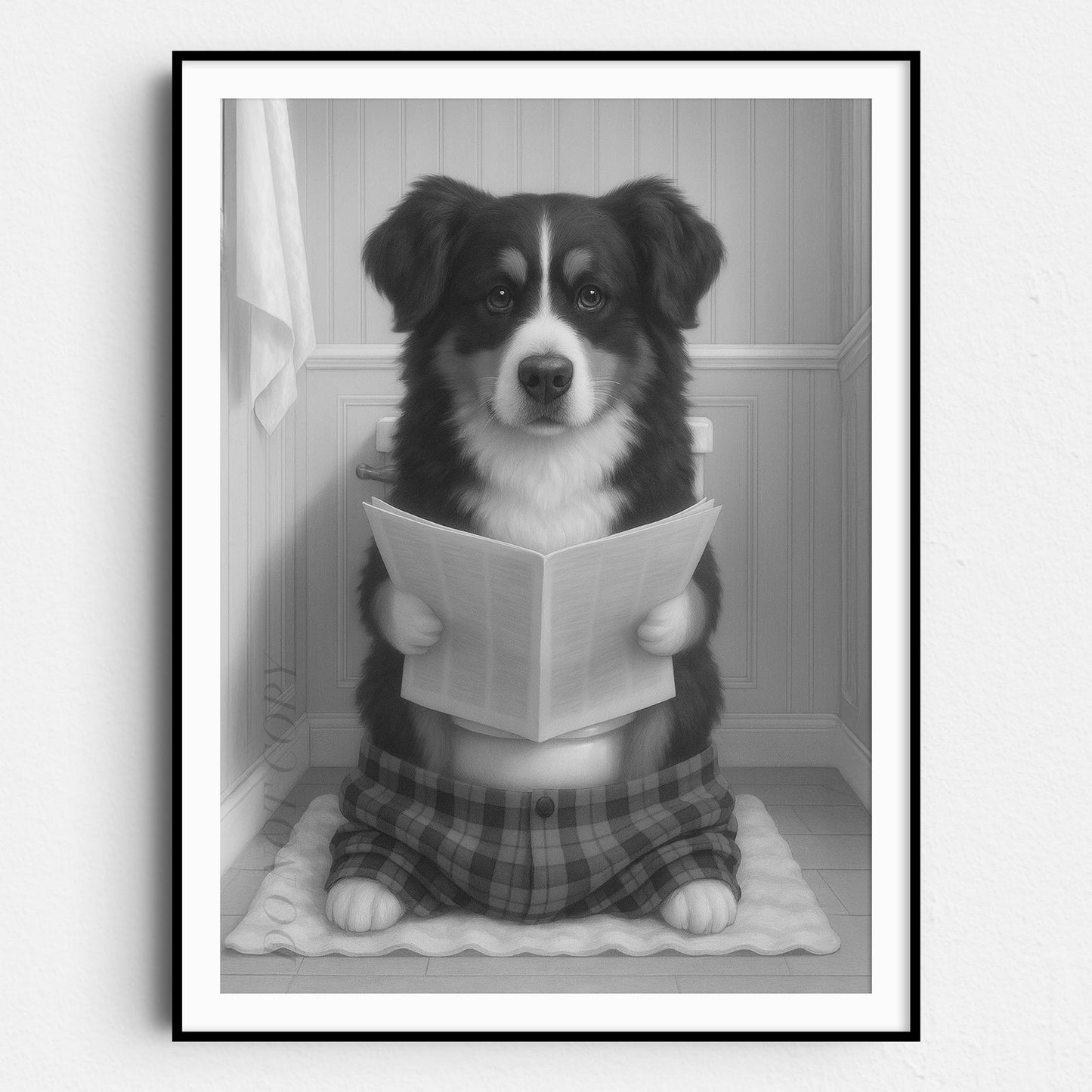 Bernese Mountain Dog Reading The Newspaper On The Toilet