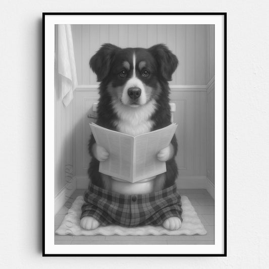 Bernese Mountain Dog Reading The Newspaper On The Toilet