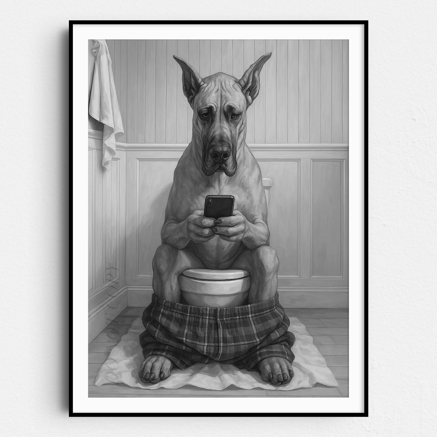 Great Dane Dog On The Phone On The Toilet