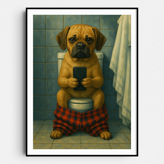Puggle Dog On The Phone On The Toilet