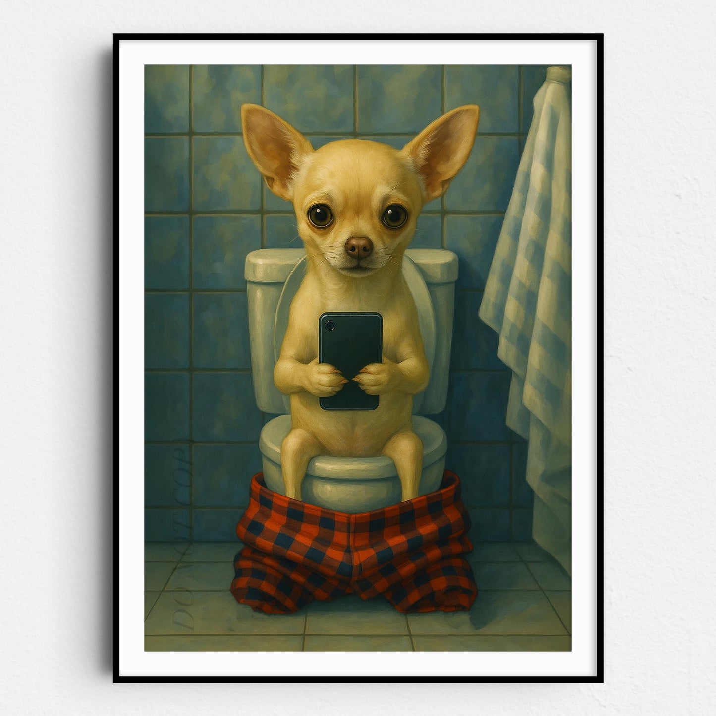 Chihuahua Dog On The Phone On The Toilet