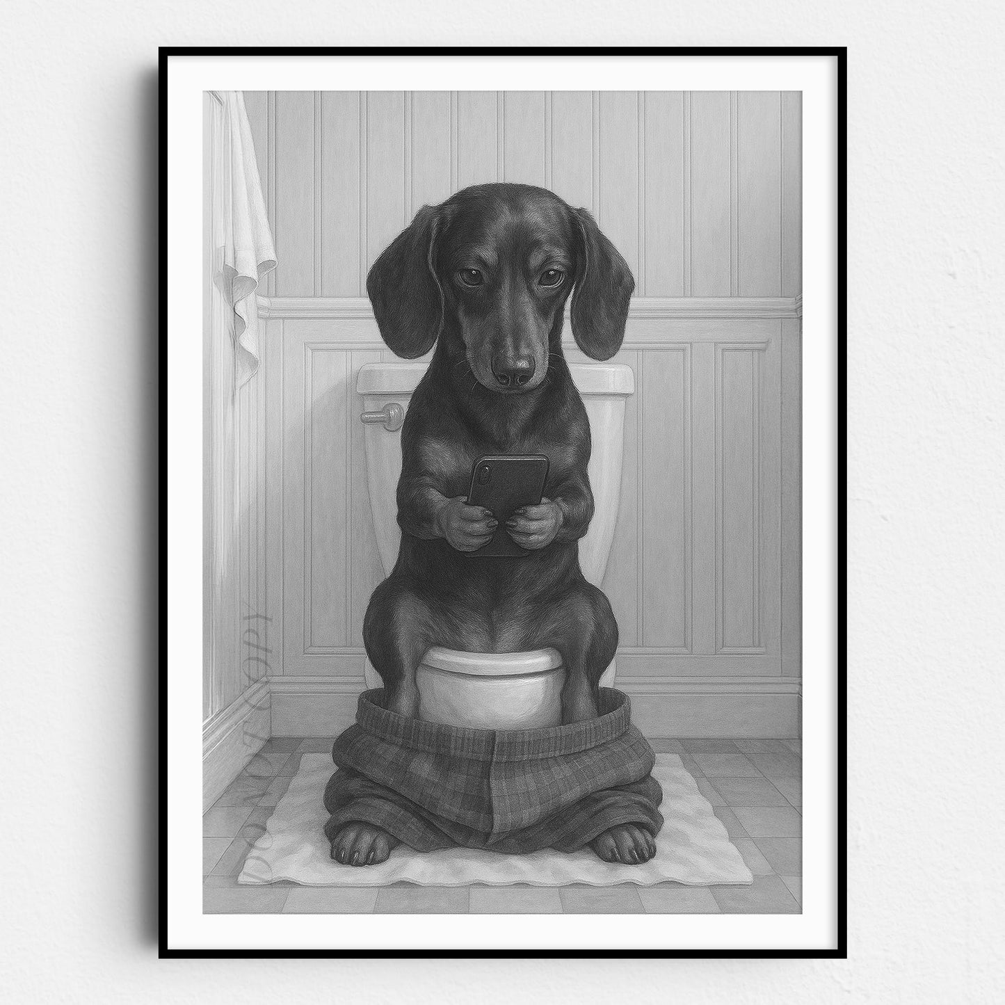 Dachshund Dog On The Phone On The Toilet