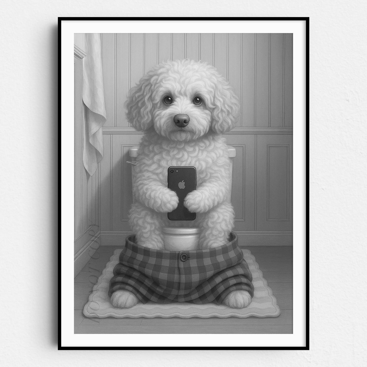 Cockapoo Dog On The Phone On The Toilet