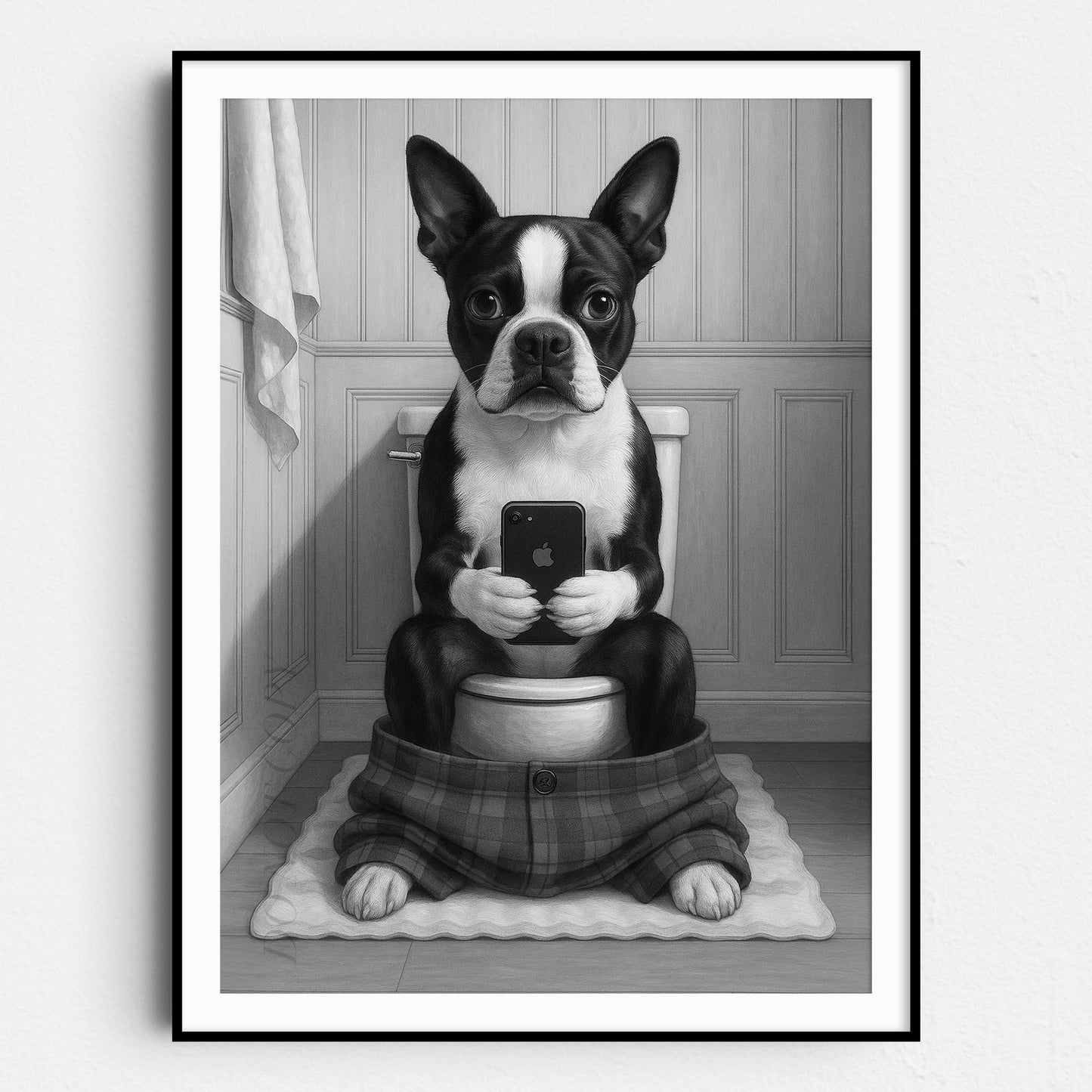 Boston Terrier Dog On The Phone On The Toilet