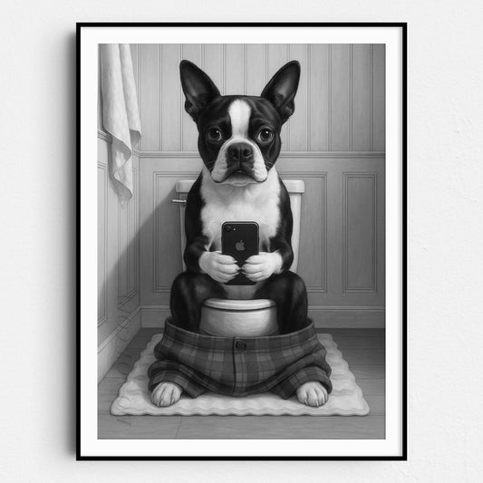 Boston Terrier Dog On The Phone On The Toilet