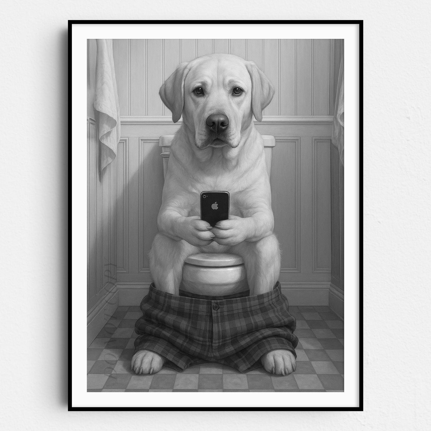 Yellow Labrador Retriever Dog On The Phone On The Toilet