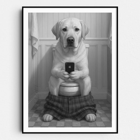 Yellow Labrador Retriever Dog On The Phone On The Toilet