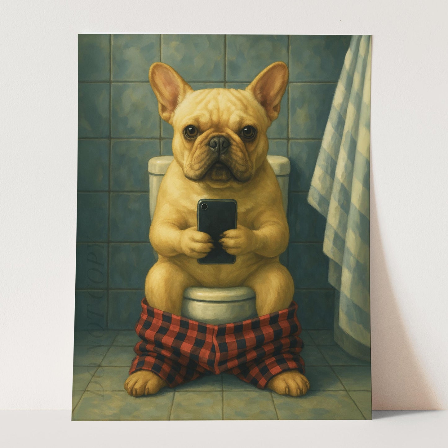 French Bulldog On The Phone On The Toilet II