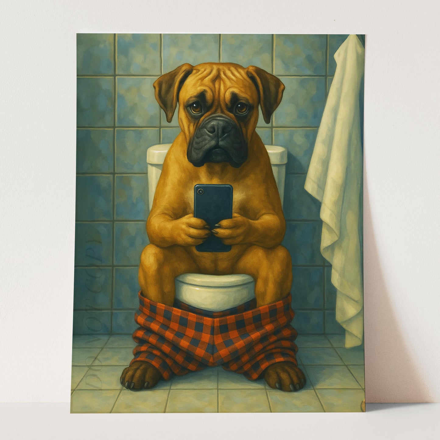 Boxer Dog On The Toilet On The Phone