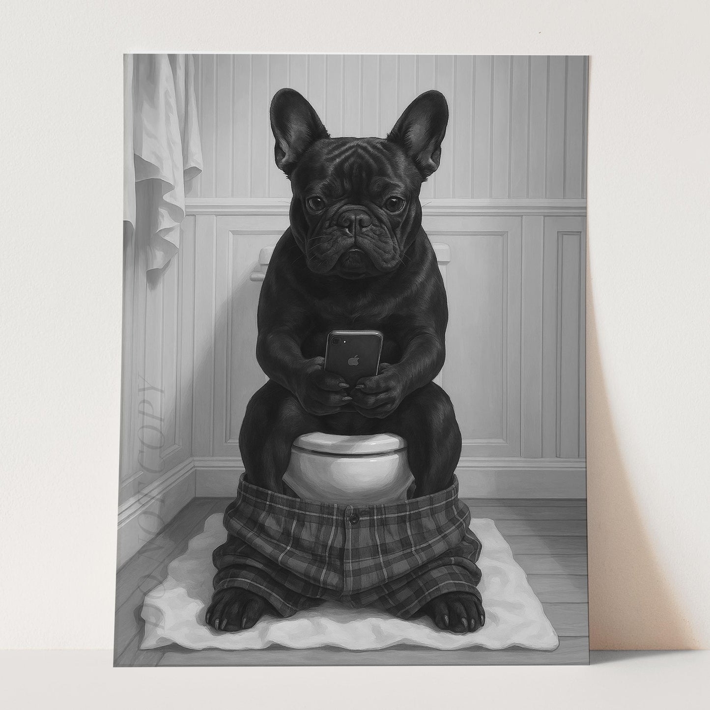 French Bulldog On The Phone On The Toilet