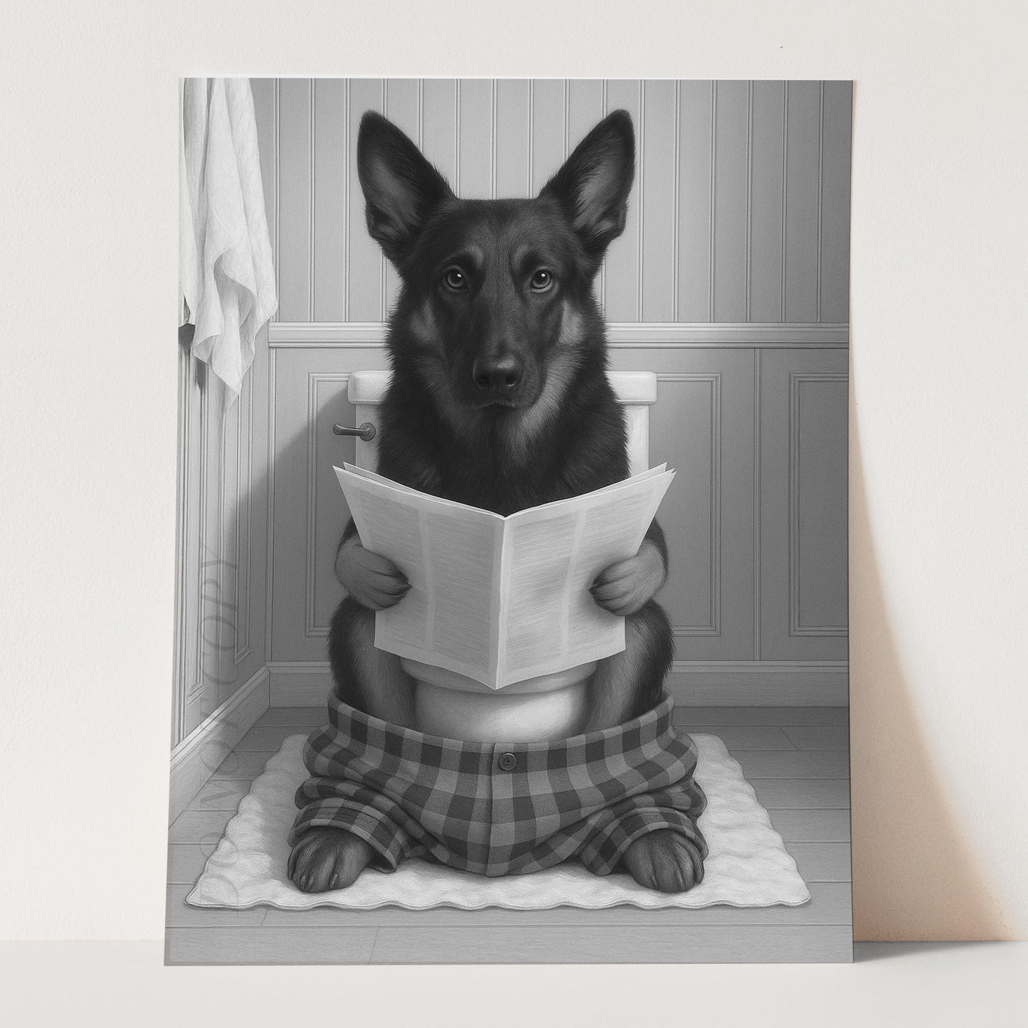 Belgian Shepherd Dog Reading The Newspaper On The Toilet