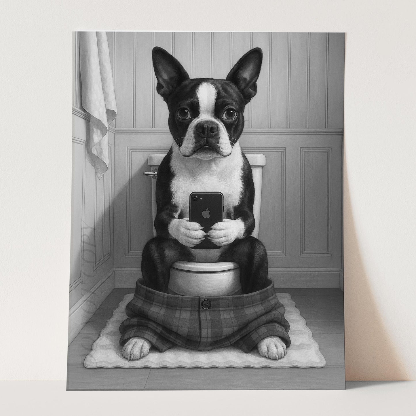 Boston Terrier Dog On The Phone On The Toilet
