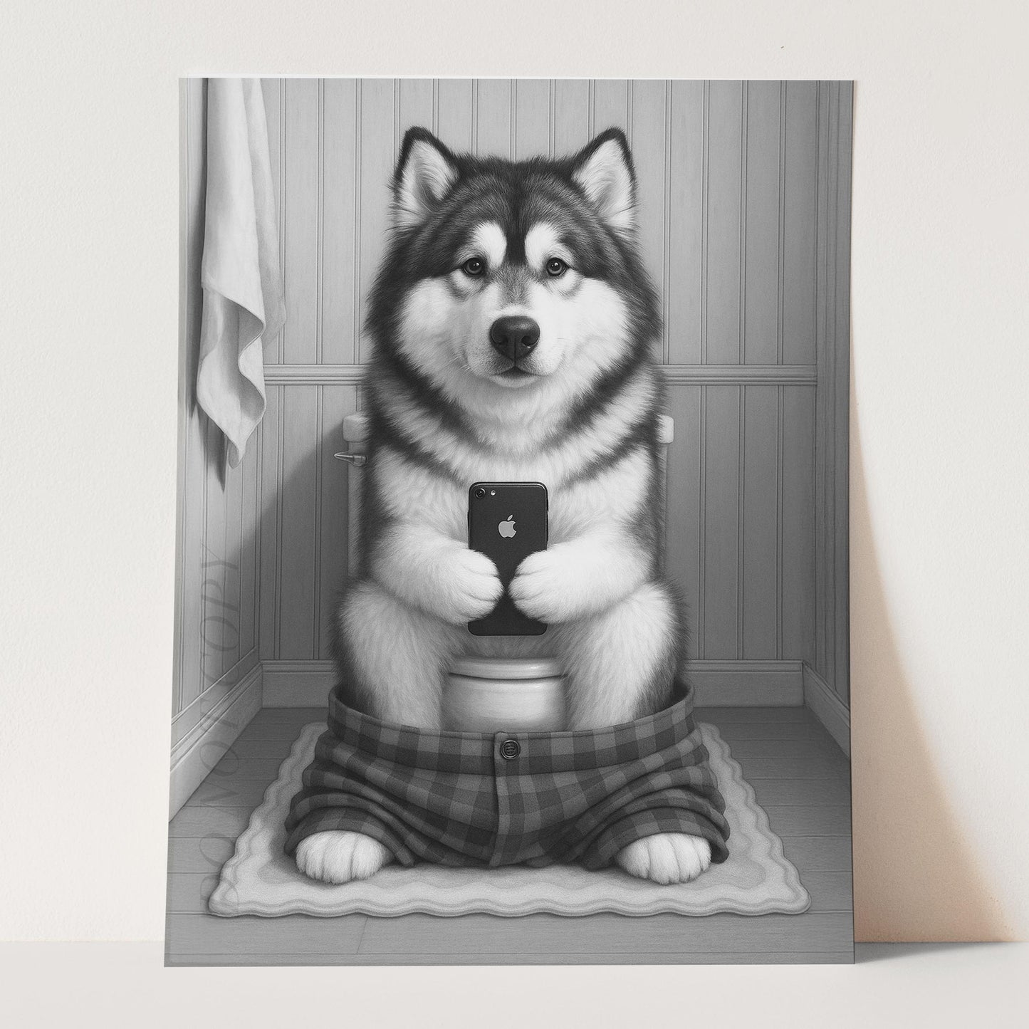 Alaskan Malamute Dog On The Phone On The Toilet