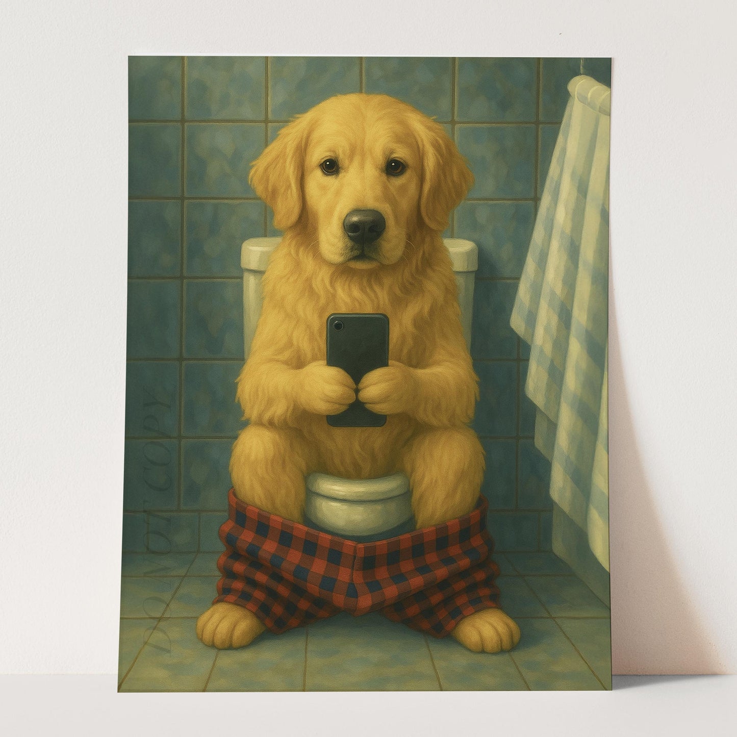 Golden Retriever Dog On The Phone On The Toilet