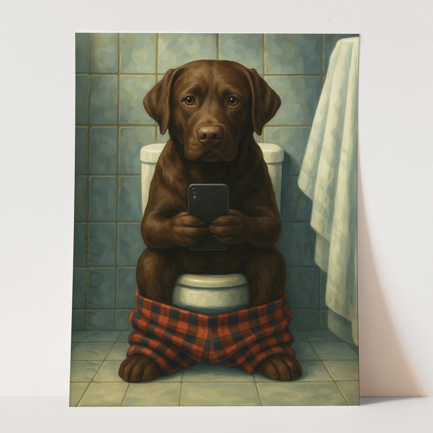 Chocolate Labrador Retriever Dog On The Phone On The Toilet