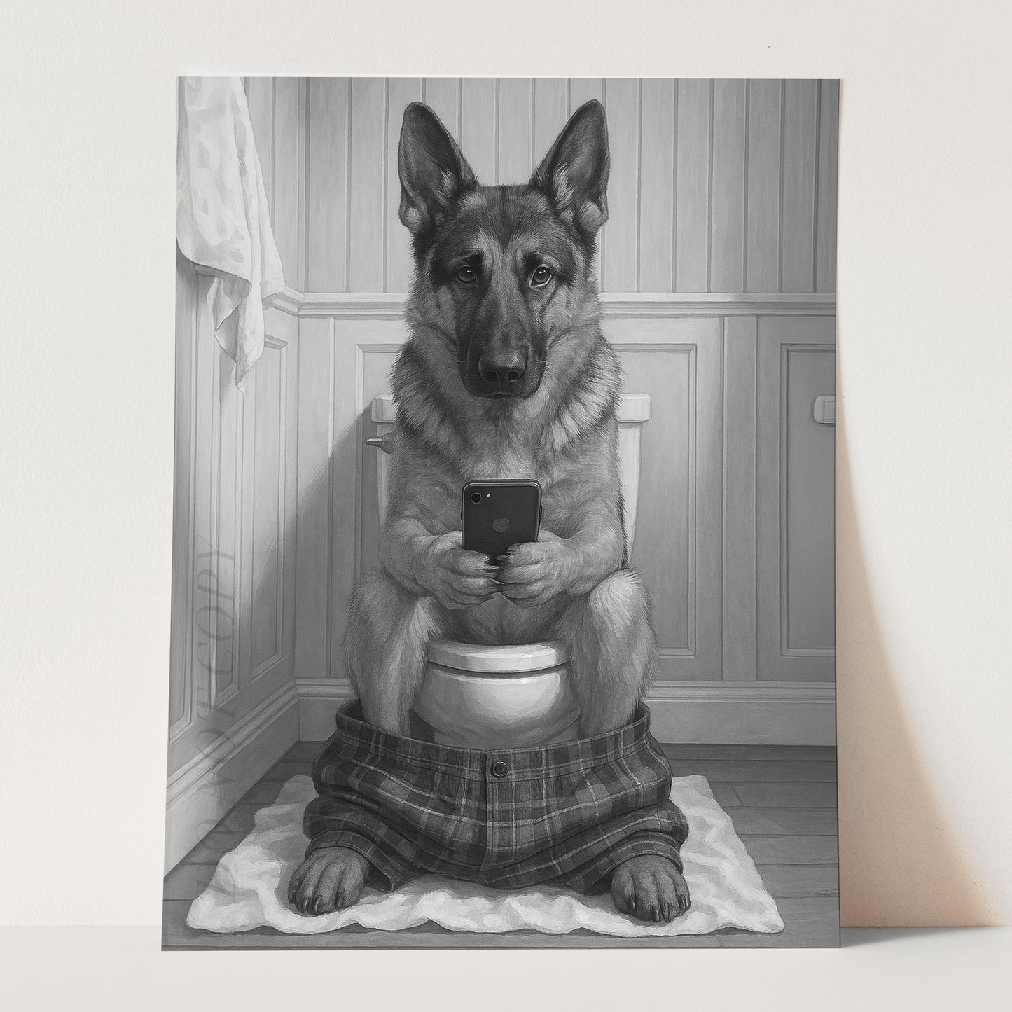 German Shepherd Dog On The Phone On The Toilet