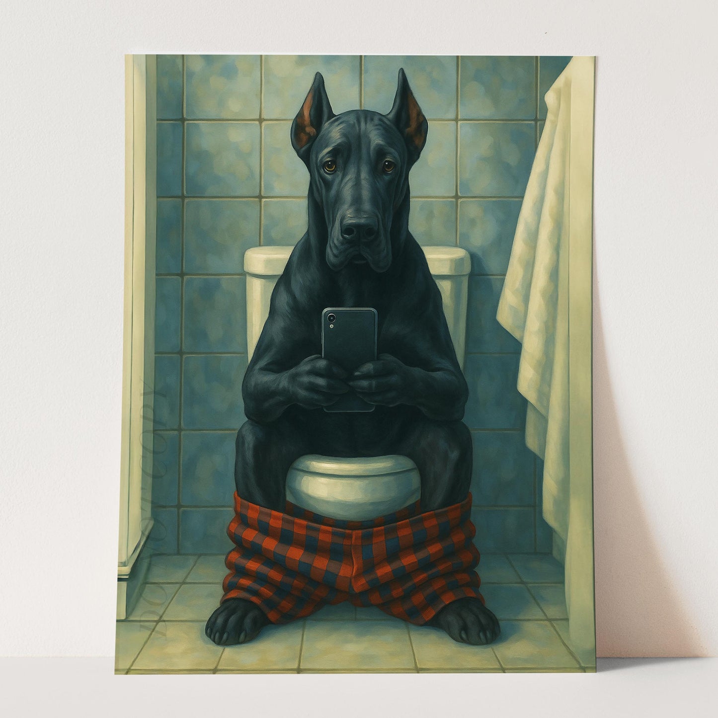 Great Dane Dog On The Phone On The Toilet