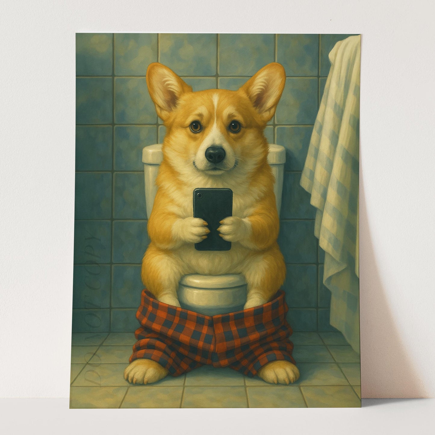 Corgi Dog On The Phone On The Toilet