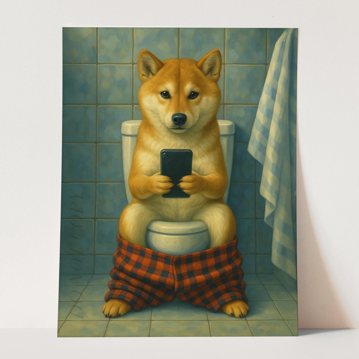 Shiba Inu Dog On The Phone On The Toilet