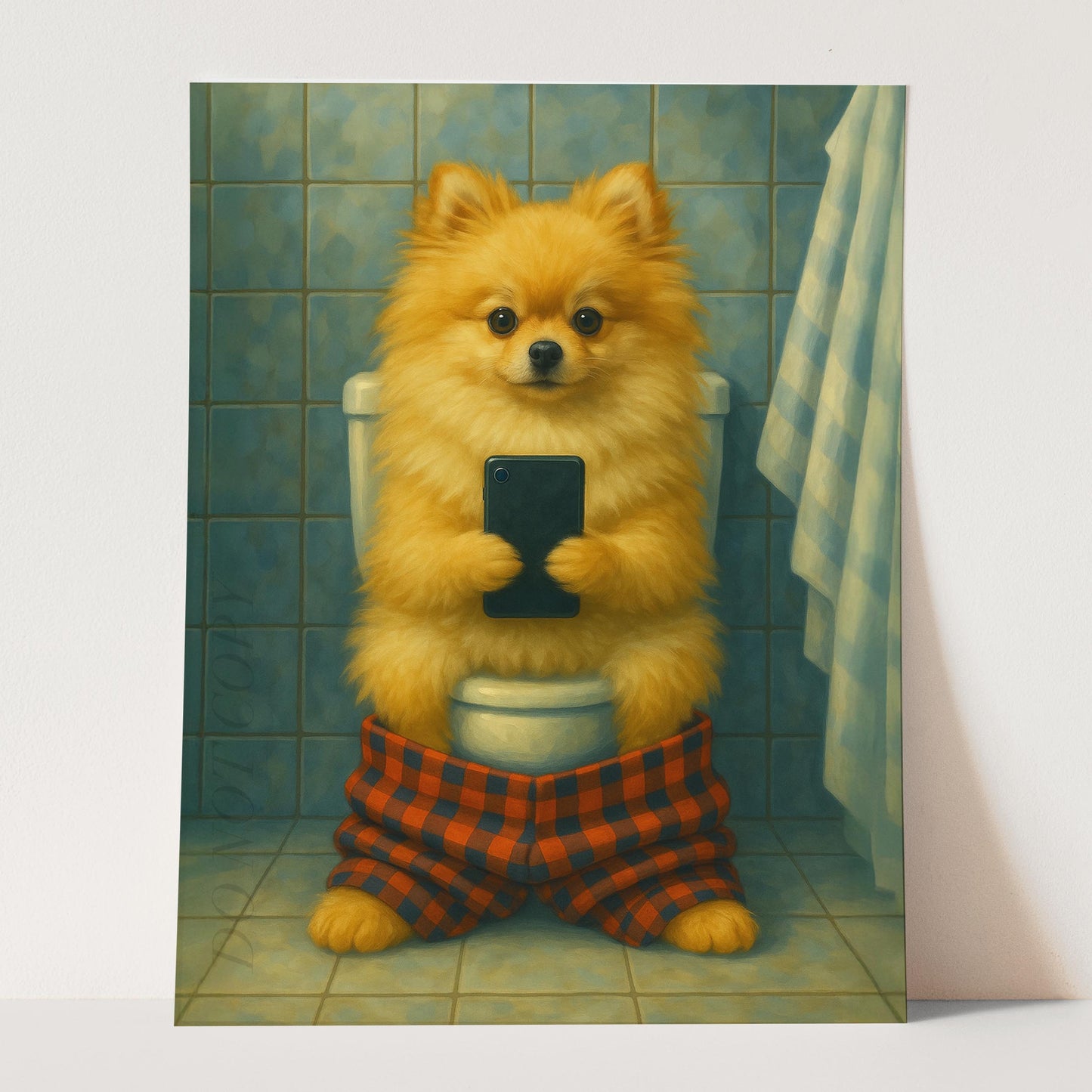 Pomeranian Dog On The Phone On The Toilet