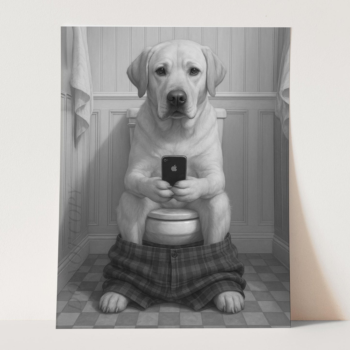 Yellow Labrador Retriever Dog On The Phone On The Toilet