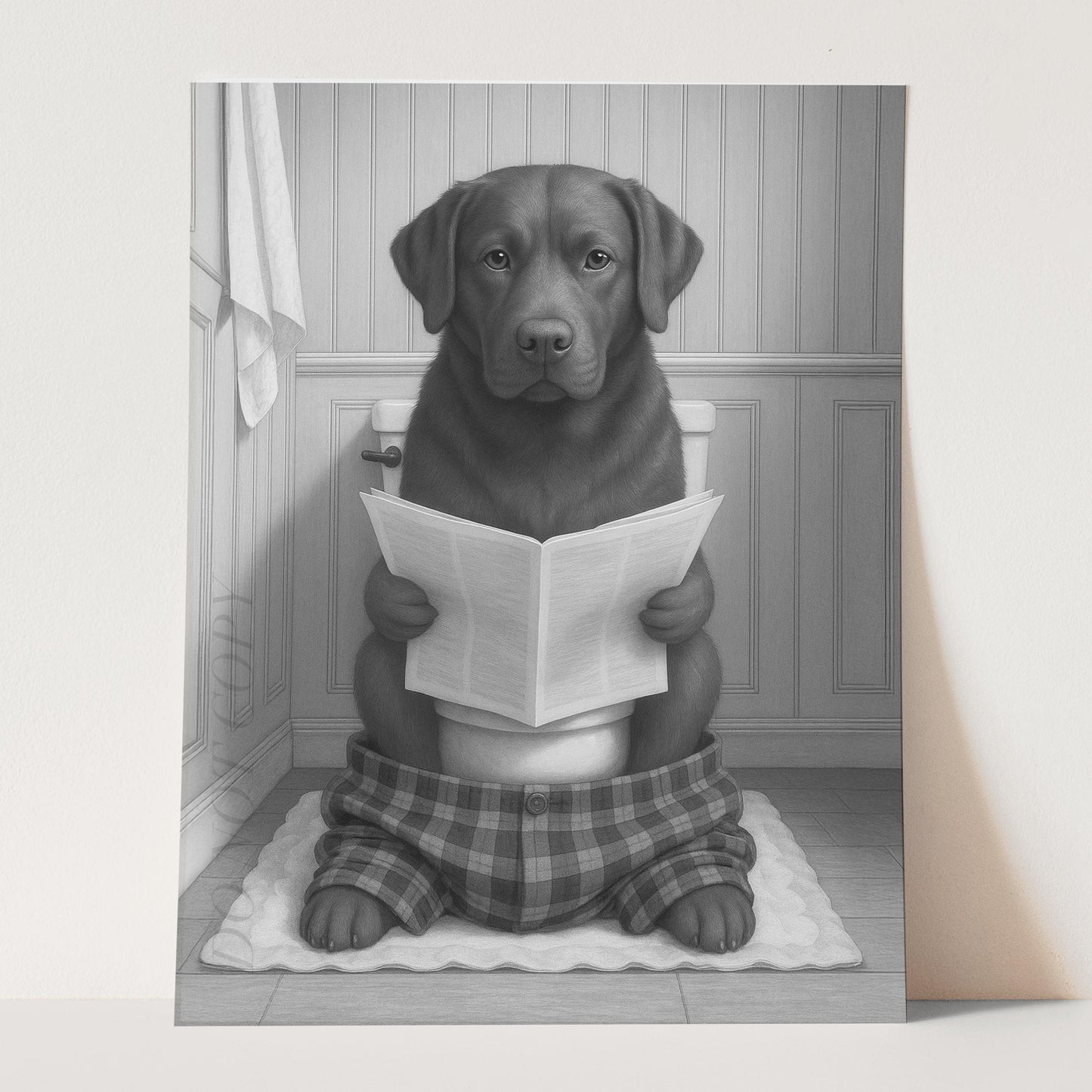 Chocolate Labrador Dog Reading The Newspaper On The Toilet